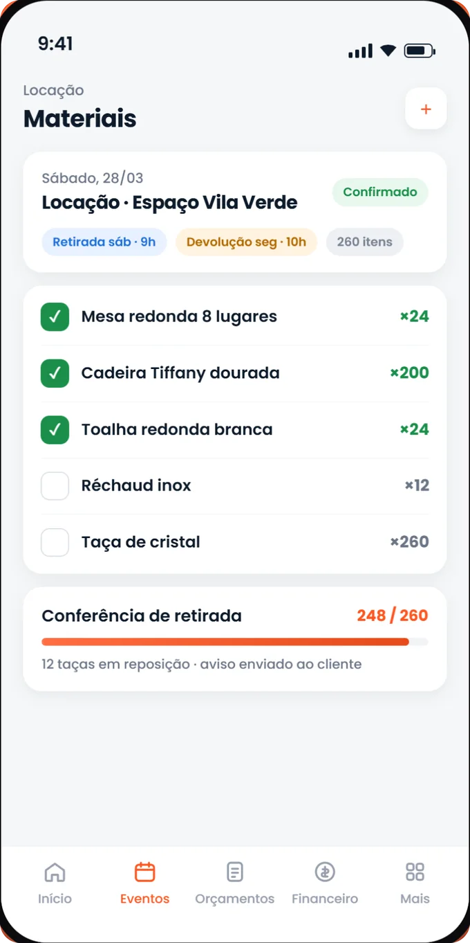Conferência de retirada de materiais de locação no aplicativo Festero